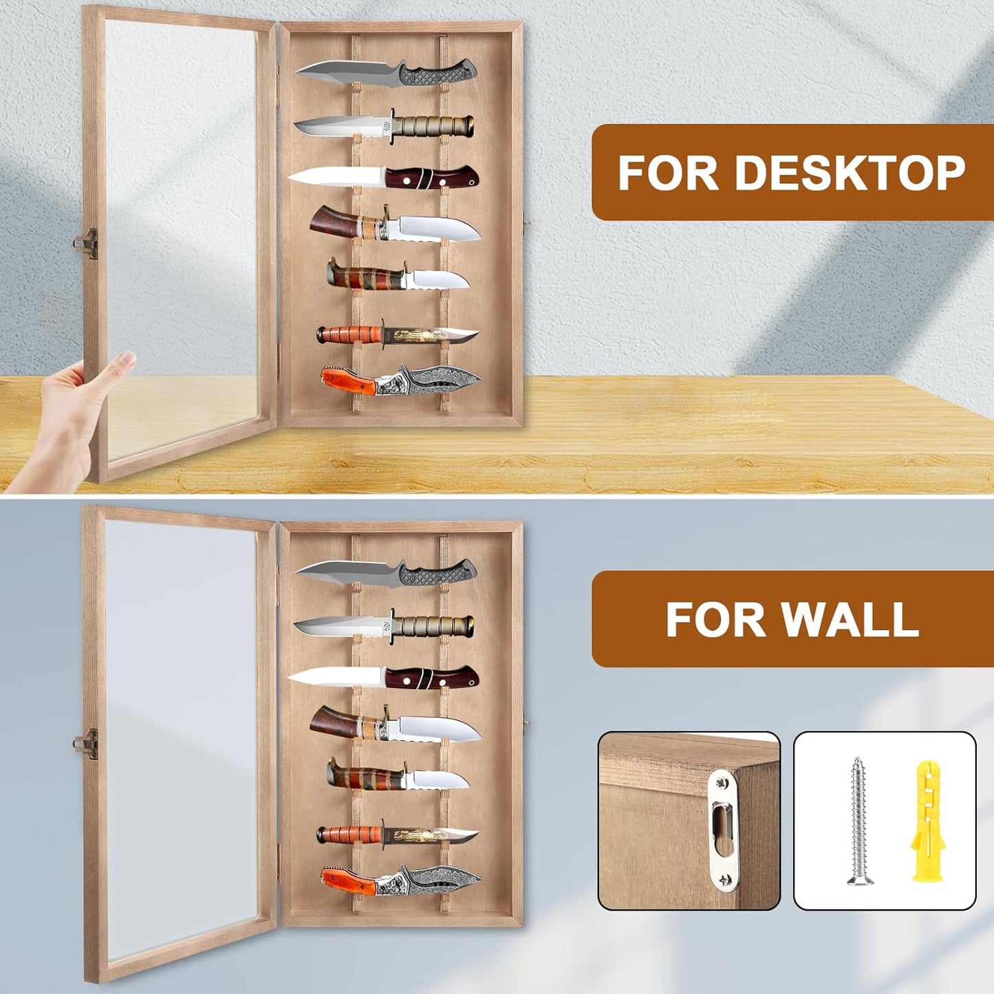 Knife Display Case with Lockable Clear Acrylic Door, Wall Mount Wooden Knife Display Stand, Pocket Knife Display Cases for Storage, Collection, Holds up to 7 Knifes (Black)