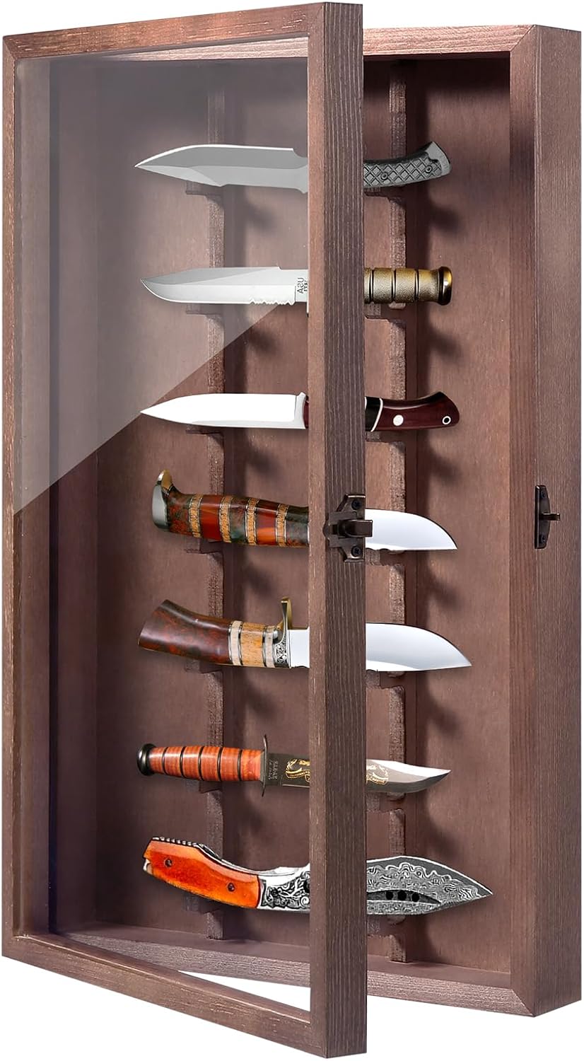Knife Display Case with Lockable Clear Acrylic Door, Wall Mount Wooden Knife Display Stand, Pocket Knife Display Cases for Storage, Collection, Holds up to 7 Knifes (Black)