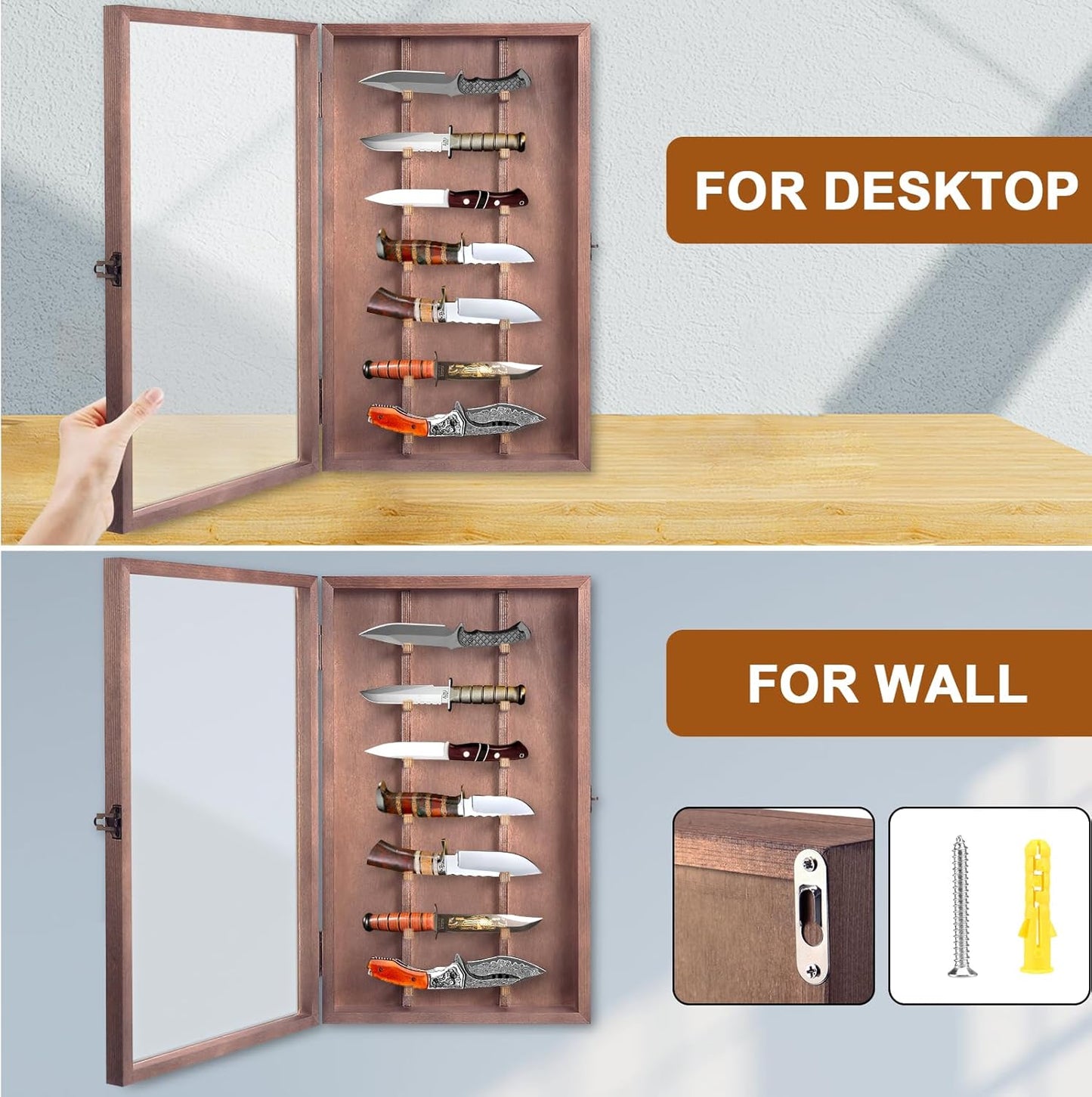 Knife Display Case with Lockable Clear Acrylic Door, Wall Mount Wooden Knife Display Stand, Pocket Knife Display Cases for Storage, Collection, Holds up to 7 Knifes (Black)