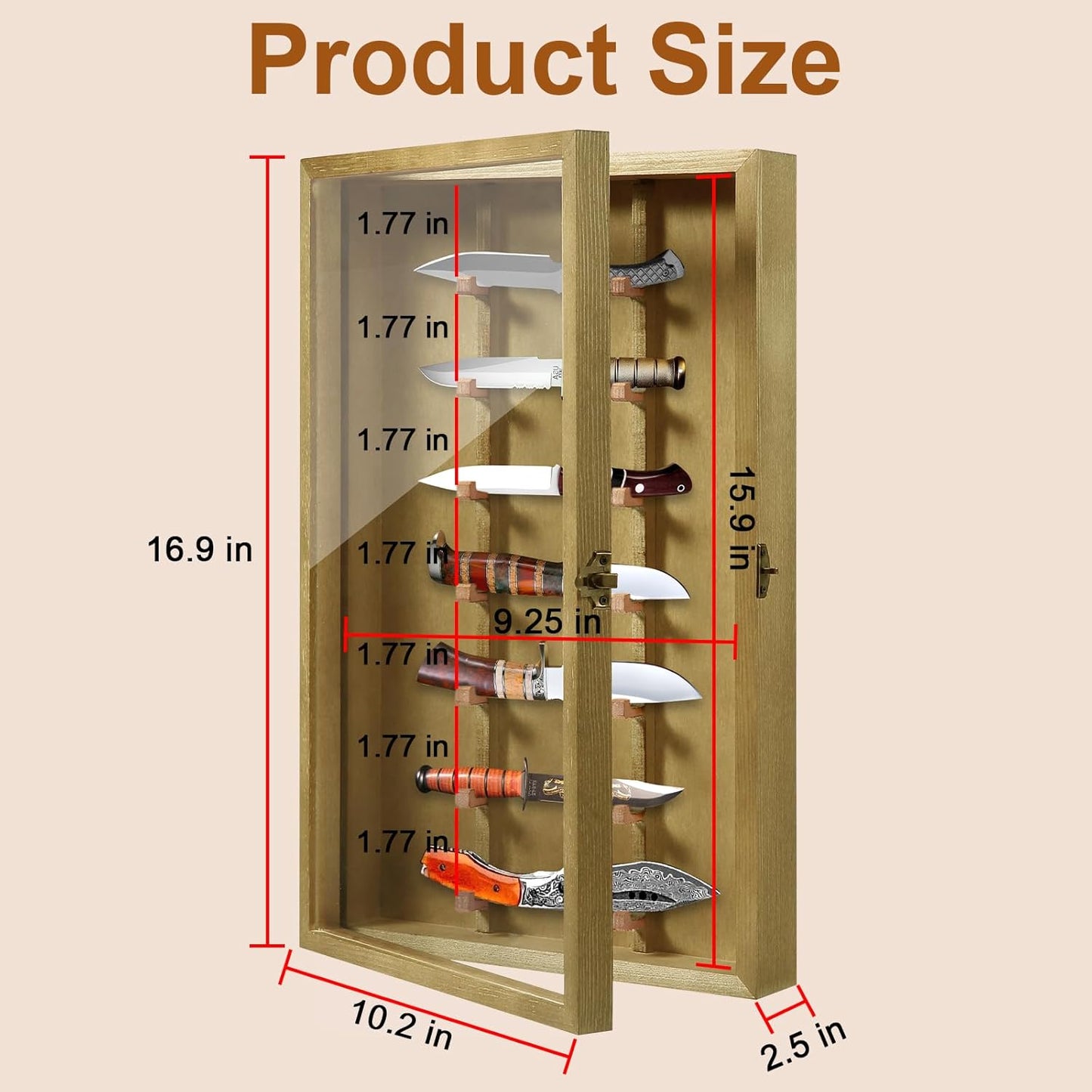 Knife Display Case with Lockable Clear Acrylic Door, Wall Mount Wooden Knife Display Stand, Pocket Knife Display Cases for Storage, Collection, Holds up to 7 Knifes (Black)
