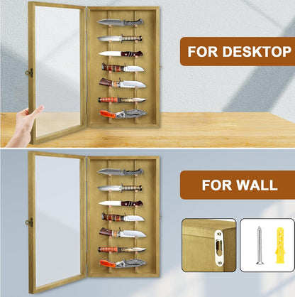 Knife Display Case with Lockable Clear Acrylic Door, Wall Mount Wooden Knife Display Stand, Pocket Knife Display Cases for Storage, Collection, Holds up to 7 Knifes (Black)