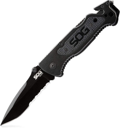 Escape Tactical Folding Knife- 3.4 Inch Serrated Edge Blade Emergency Pocket Knife with Glass Breaker, Wire Stripper and Line Cutter Blades-Black (FF25-CP)