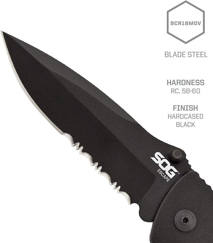 Escape Tactical Folding Knife- 3.4 Inch Serrated Edge Blade Emergency Pocket Knife with Glass Breaker, Wire Stripper and Line Cutter Blades-Black (FF25-CP)