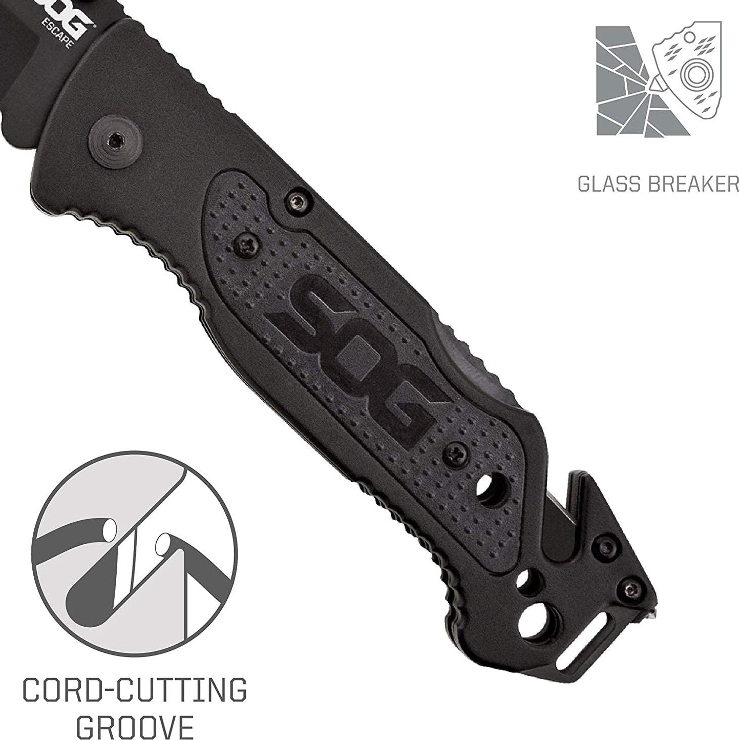 Escape Tactical Folding Knife- 3.4 Inch Serrated Edge Blade Emergency Pocket Knife with Glass Breaker, Wire Stripper and Line Cutter Blades-Black (FF25-CP)
