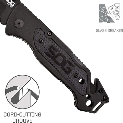 Escape Tactical Folding Knife- 3.4 Inch Serrated Edge Blade Emergency Pocket Knife with Glass Breaker, Wire Stripper and Line Cutter Blades-Black (FF25-CP)
