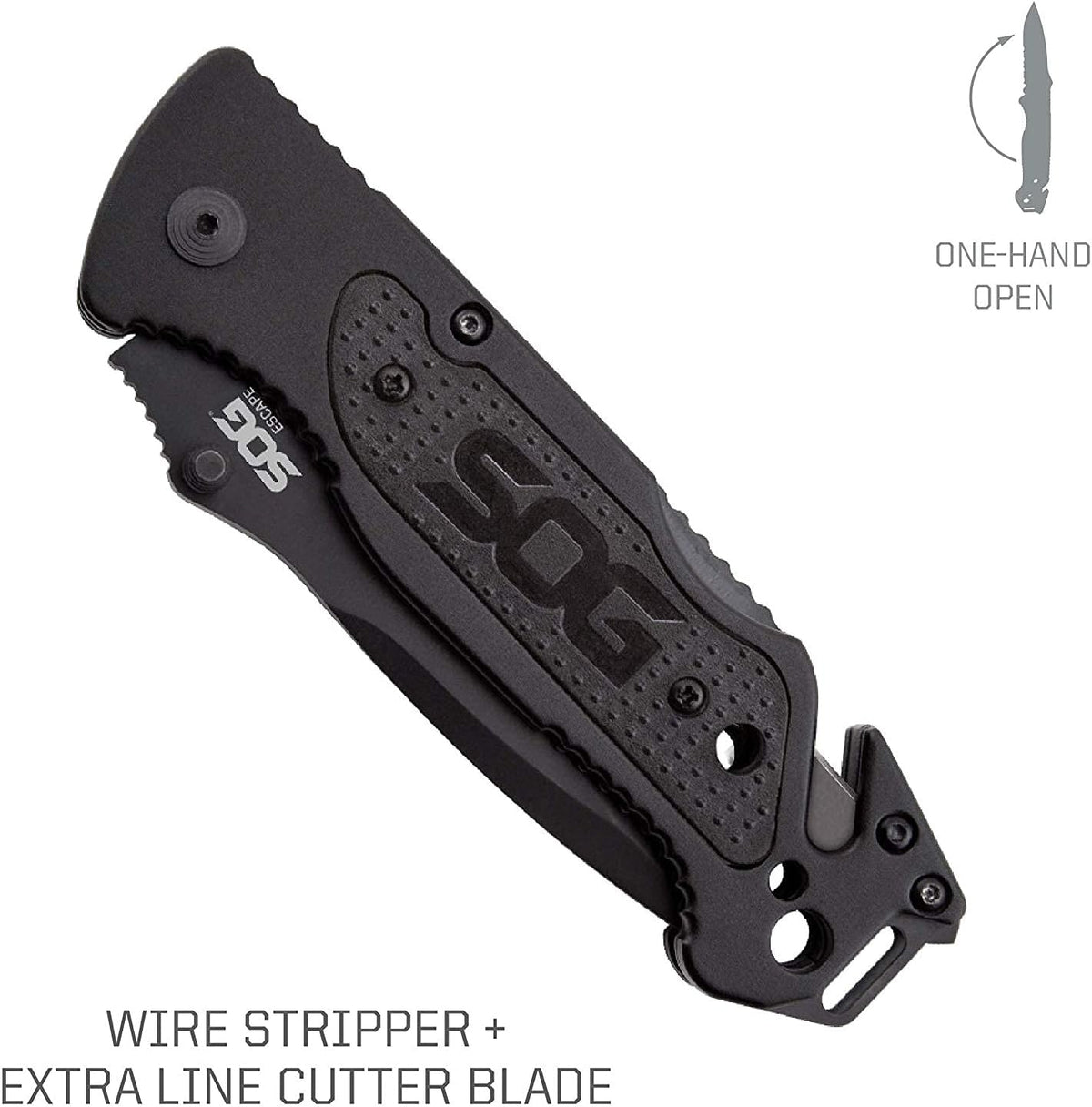 Escape Tactical Folding Knife- 3.4 Inch Serrated Edge Blade Emergency Pocket Knife with Glass Breaker, Wire Stripper and Line Cutter Blades-Black (FF25-CP)