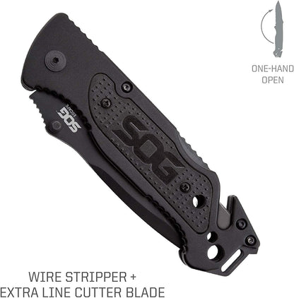 Escape Tactical Folding Knife- 3.4 Inch Serrated Edge Blade Emergency Pocket Knife with Glass Breaker, Wire Stripper and Line Cutter Blades-Black (FF25-CP)