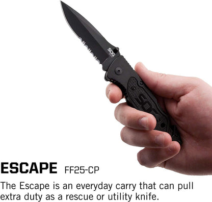 Escape Tactical Folding Knife- 3.4 Inch Serrated Edge Blade Emergency Pocket Knife with Glass Breaker, Wire Stripper and Line Cutter Blades-Black (FF25-CP)
