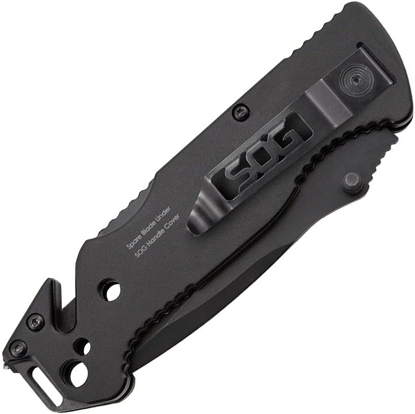 Escape Tactical Folding Knife- 3.4 Inch Serrated Edge Blade Emergency Pocket Knife with Glass Breaker, Wire Stripper and Line Cutter Blades-Black (FF25-CP)