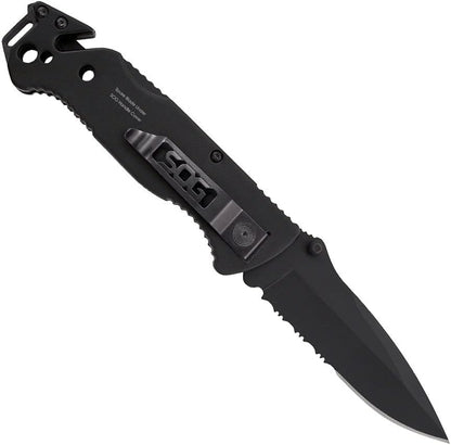 Escape Tactical Folding Knife- 3.4 Inch Serrated Edge Blade Emergency Pocket Knife with Glass Breaker, Wire Stripper and Line Cutter Blades-Black (FF25-CP)
