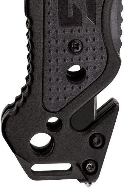 Escape Tactical Folding Knife- 3.4 Inch Serrated Edge Blade Emergency Pocket Knife with Glass Breaker, Wire Stripper and Line Cutter Blades-Black (FF25-CP)