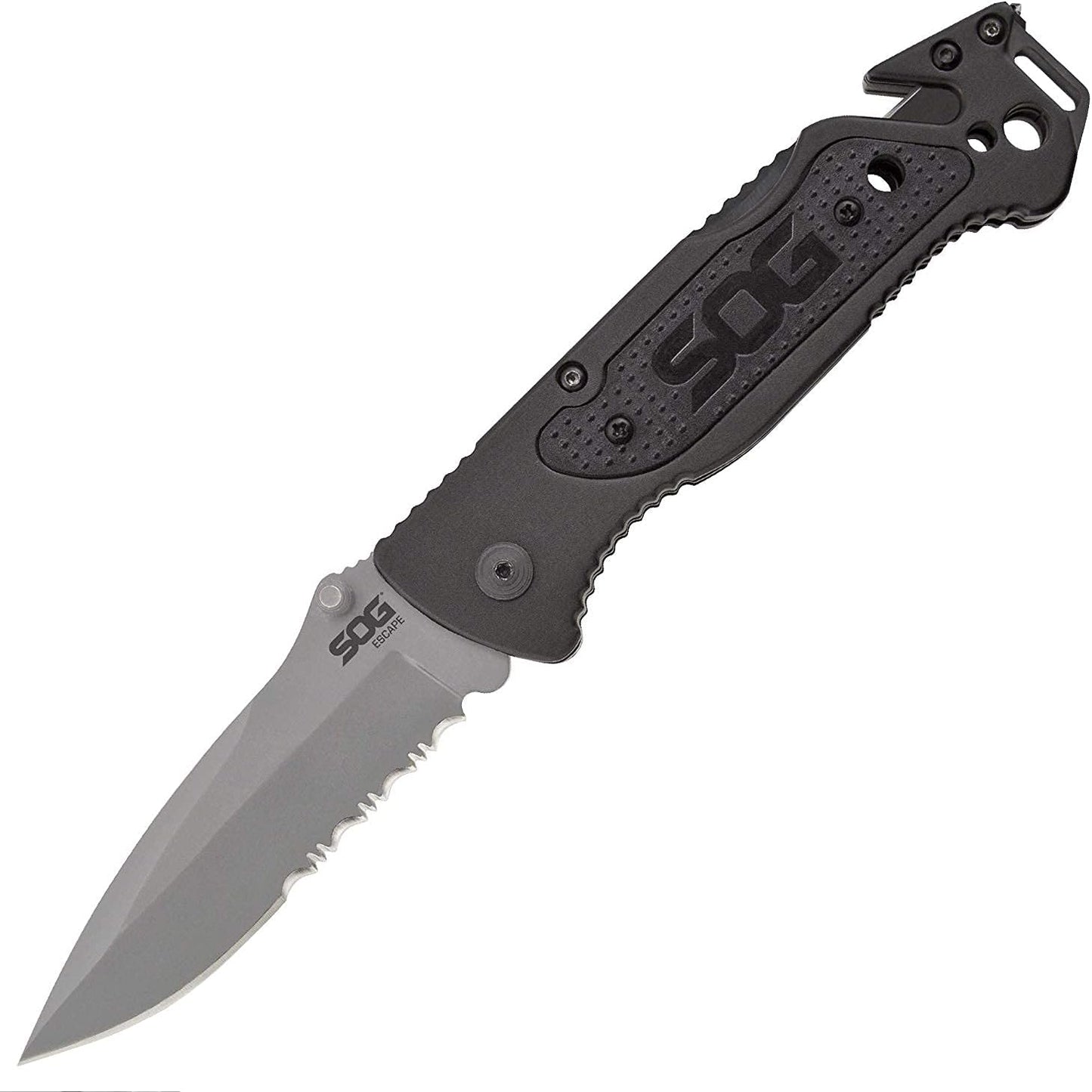 Escape Tactical Folding Knife- 3.4 Inch Serrated Edge Blade Emergency Pocket Knife with Glass Breaker, Wire Stripper and Line Cutter Blades-Black (FF25-CP)