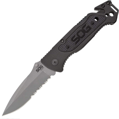 Escape Tactical Folding Knife- 3.4 Inch Serrated Edge Blade Emergency Pocket Knife with Glass Breaker, Wire Stripper and Line Cutter Blades-Black (FF25-CP)