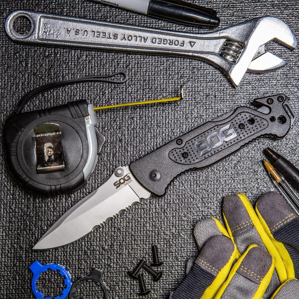 Escape Tactical Folding Knife- 3.4 Inch Serrated Edge Blade Emergency Pocket Knife with Glass Breaker, Wire Stripper and Line Cutter Blades-Black (FF25-CP)