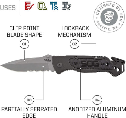 Escape Tactical Folding Knife- 3.4 Inch Serrated Edge Blade Emergency Pocket Knife with Glass Breaker, Wire Stripper and Line Cutter Blades-Black (FF25-CP)