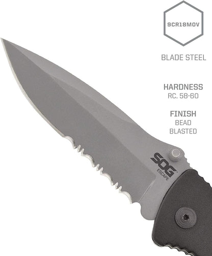 Escape Tactical Folding Knife- 3.4 Inch Serrated Edge Blade Emergency Pocket Knife with Glass Breaker, Wire Stripper and Line Cutter Blades-Black (FF25-CP)