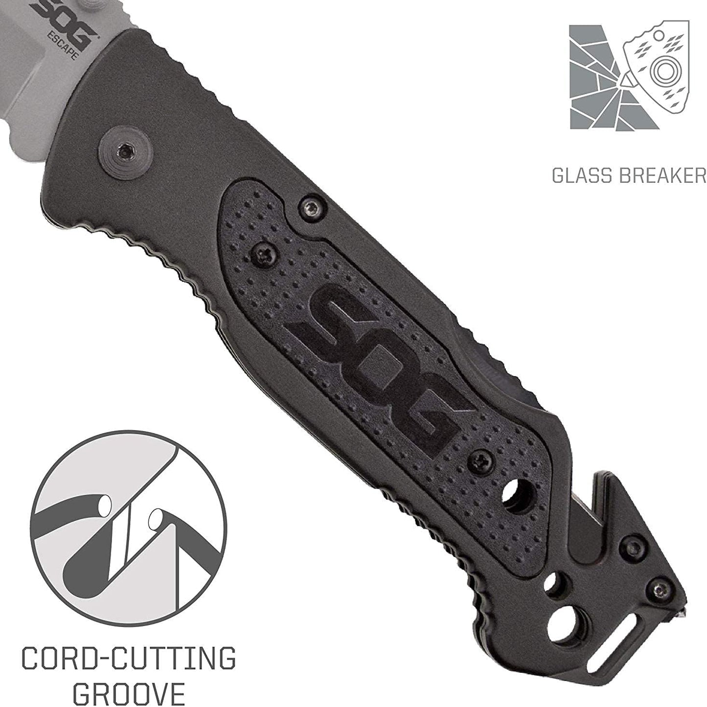 Escape Tactical Folding Knife- 3.4 Inch Serrated Edge Blade Emergency Pocket Knife with Glass Breaker, Wire Stripper and Line Cutter Blades-Black (FF25-CP)