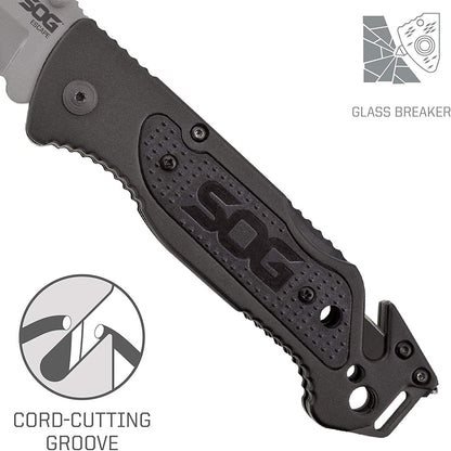 Escape Tactical Folding Knife- 3.4 Inch Serrated Edge Blade Emergency Pocket Knife with Glass Breaker, Wire Stripper and Line Cutter Blades-Black (FF25-CP)