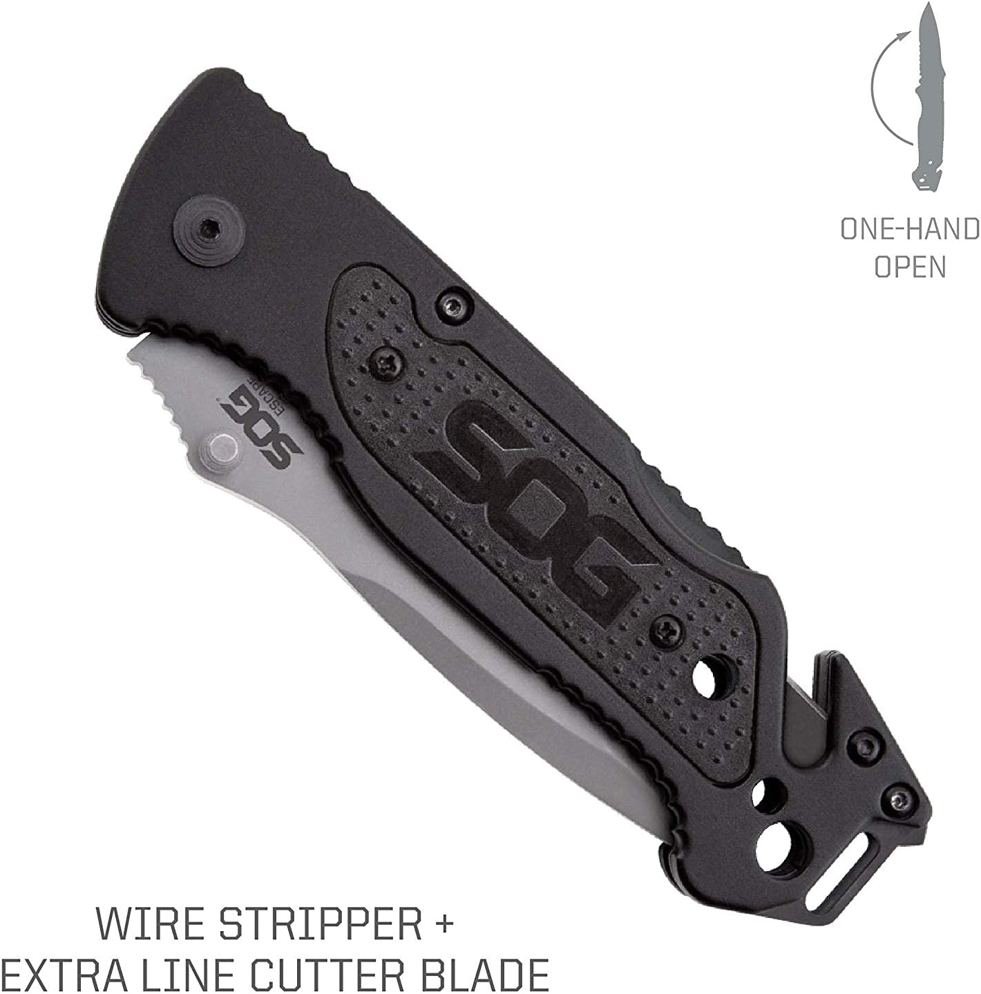 Escape Tactical Folding Knife- 3.4 Inch Serrated Edge Blade Emergency Pocket Knife with Glass Breaker, Wire Stripper and Line Cutter Blades-Black (FF25-CP)