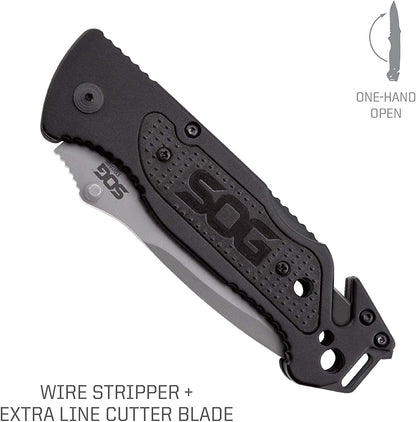 Escape Tactical Folding Knife- 3.4 Inch Serrated Edge Blade Emergency Pocket Knife with Glass Breaker, Wire Stripper and Line Cutter Blades-Black (FF25-CP)