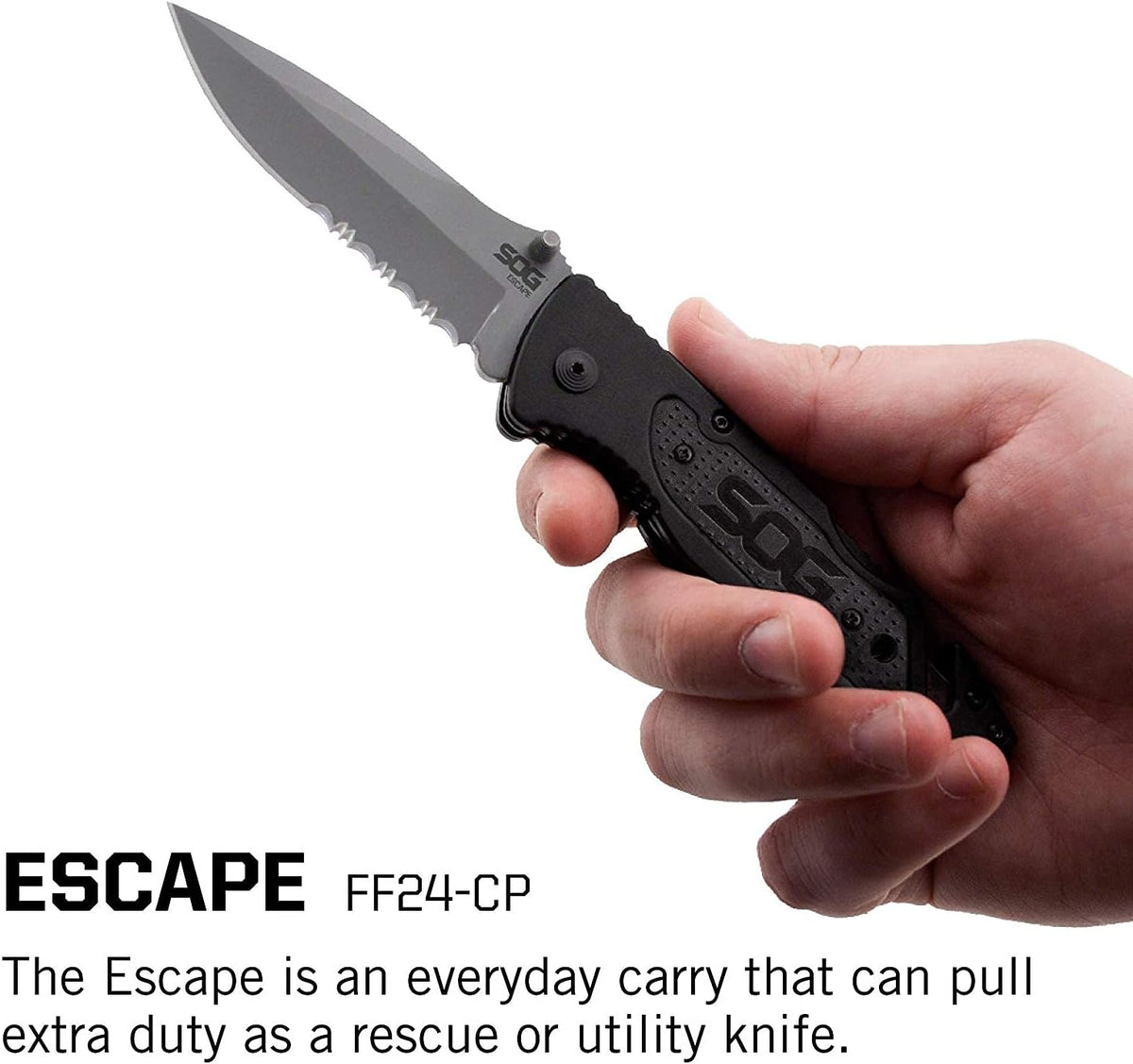 Escape Tactical Folding Knife- 3.4 Inch Serrated Edge Blade Emergency Pocket Knife with Glass Breaker, Wire Stripper and Line Cutter Blades-Black (FF25-CP)