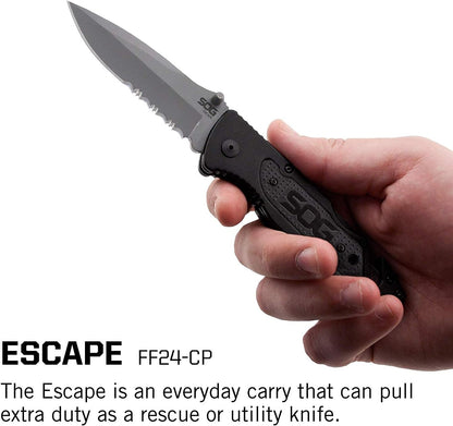 Escape Tactical Folding Knife- 3.4 Inch Serrated Edge Blade Emergency Pocket Knife with Glass Breaker, Wire Stripper and Line Cutter Blades-Black (FF25-CP)