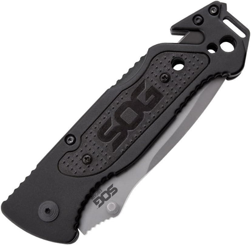 Escape Tactical Folding Knife- 3.4 Inch Serrated Edge Blade Emergency Pocket Knife with Glass Breaker, Wire Stripper and Line Cutter Blades-Black (FF25-CP)