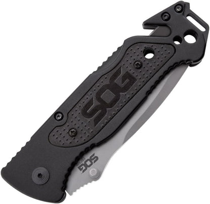 Escape Tactical Folding Knife- 3.4 Inch Serrated Edge Blade Emergency Pocket Knife with Glass Breaker, Wire Stripper and Line Cutter Blades-Black (FF25-CP)