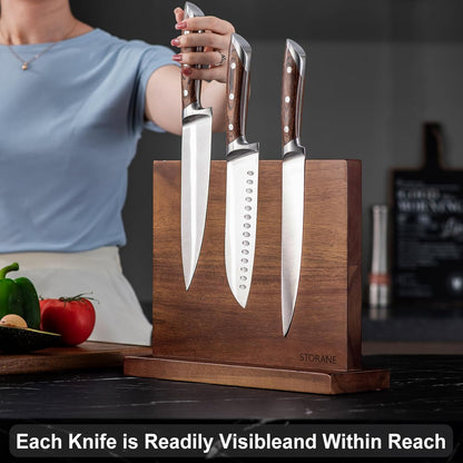 Magnetic Knife Block Acacia Wood -Double Sided Magnetic Knife Holder Rack for Kitchen Counter -Universal Knife Block Without Knives Wooden Multifunctional Storage Fully Assembled