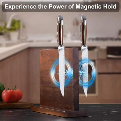 Magnetic Knife Block Acacia Wood -Double Sided Magnetic Knife Holder Rack for Kitchen Counter -Universal Knife Block Without Knives Wooden Multifunctional Storage Fully Assembled