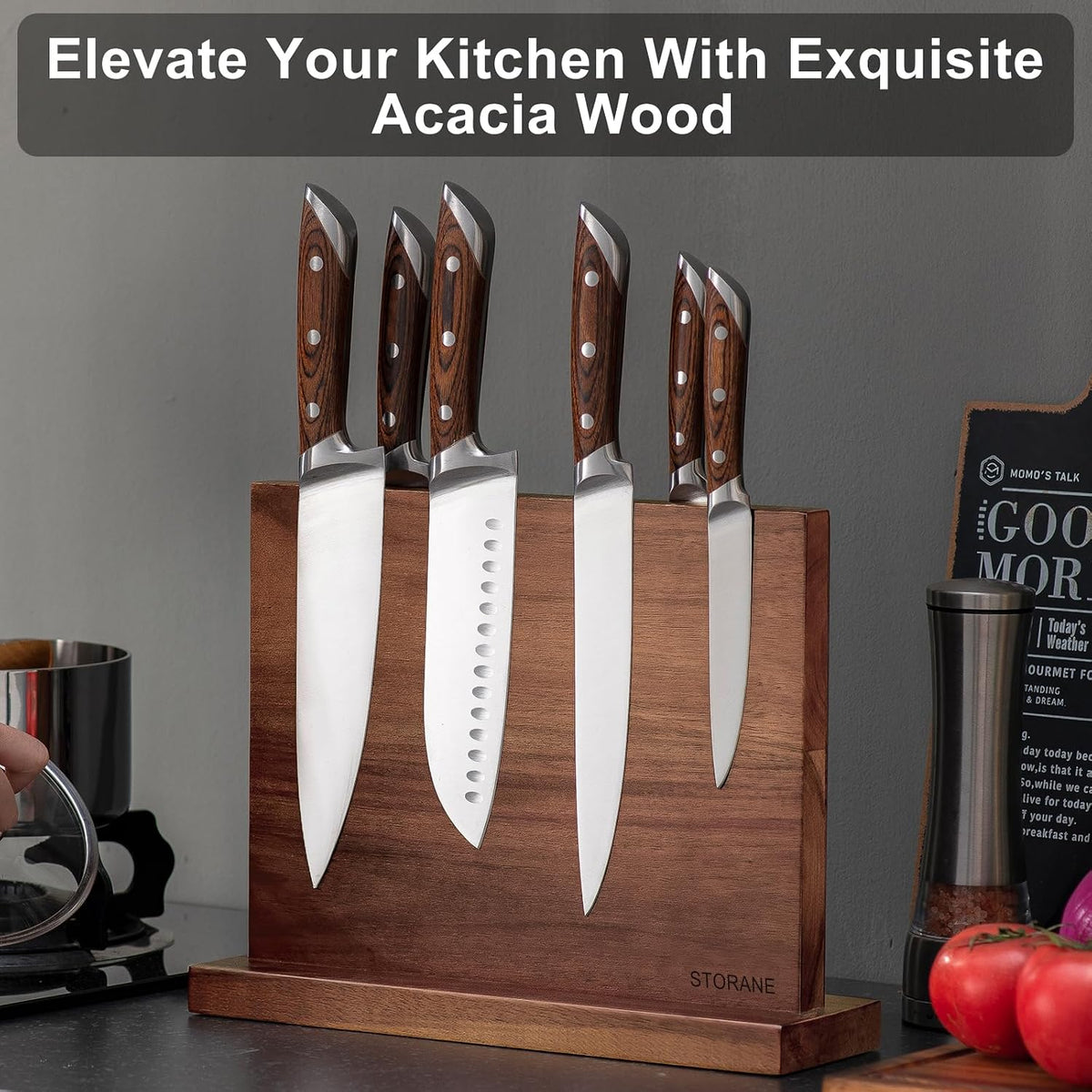 Magnetic Knife Block Acacia Wood -Double Sided Magnetic Knife Holder Rack for Kitchen Counter -Universal Knife Block Without Knives Wooden Multifunctional Storage Fully Assembled