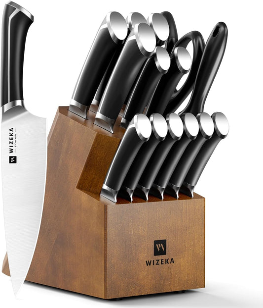 15-Piece knife set, High Carbon Stainless Steel Kitchen Knife Set, Ultra Sharp Knife Block Set with Sharpener, Black, Crown Series