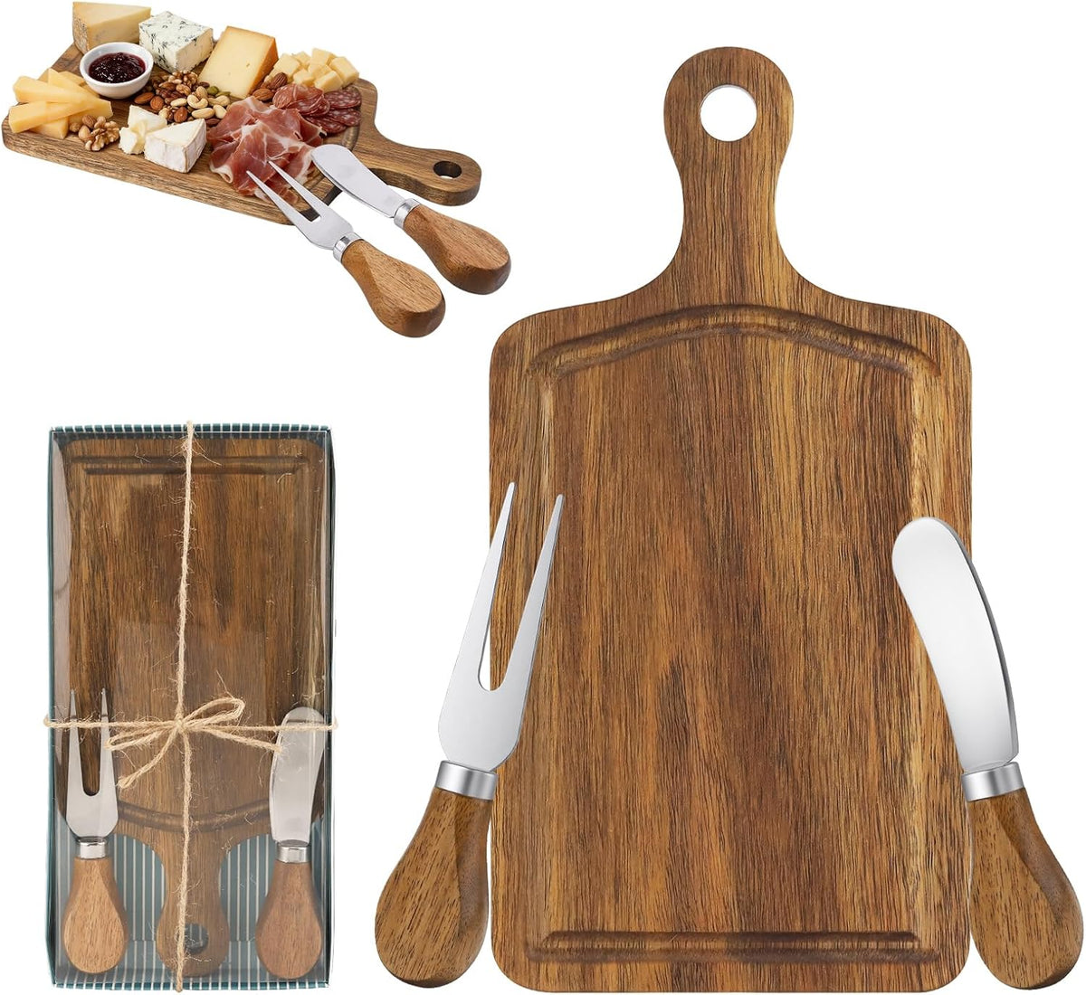 1 Set Bridal Baby Shower Cheese Prizes, Square Cheese Board Cheese, Small Cheese Board with Knife and Fork, Small Acacia Charcuterie Board for Valentines Bridal Baby Shower Housewarming Gifts(Acacia)