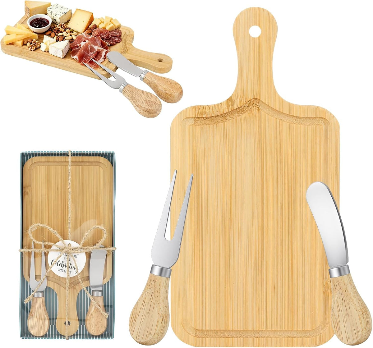 1 Set Bridal Baby Shower Cheese Prizes, Square Cheese Board Cheese, Small Cheese Board with Knife and Fork, Small Acacia Charcuterie Board for Valentines Bridal Baby Shower Housewarming Gifts(Acacia)