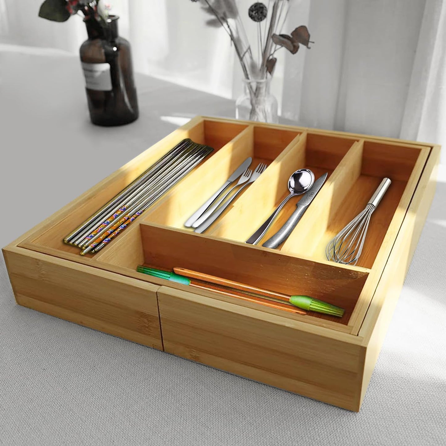 Bamboo Drawer Organizer Expandable Cutlery Tray Adjustable Utensils Holde