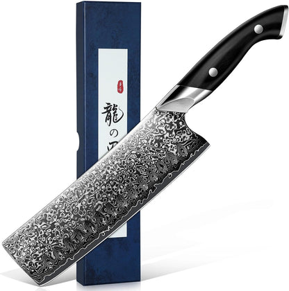 Japanese Nakiri Knife, Damascus VG10 Meat and Vegetable Cleaver Knife, Ergonomic Wooden Handle, Elegant Gift Box for Men and Women