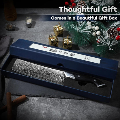 Japanese Nakiri Knife, Damascus VG10 Meat and Vegetable Cleaver Knife, Ergonomic Wooden Handle, Elegant Gift Box for Men and Women