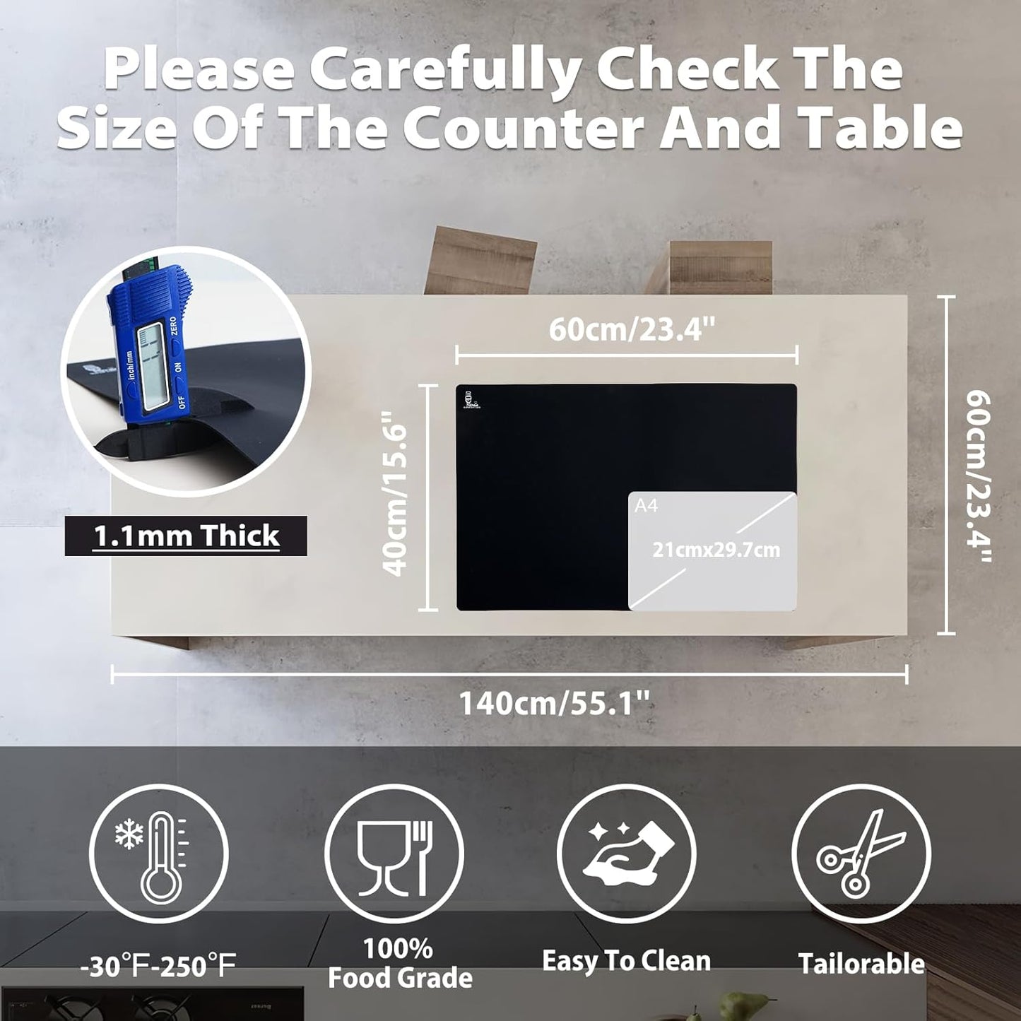 Thick Silicone Counter Mat Large 23.4x15.6" for Kitchen Countertop Crafts | Kitchen Table/Countertop Protector/Non Stick Pastry Baking Placemats Silicone Pad Crafts Kid Heat Resistant White Translucent