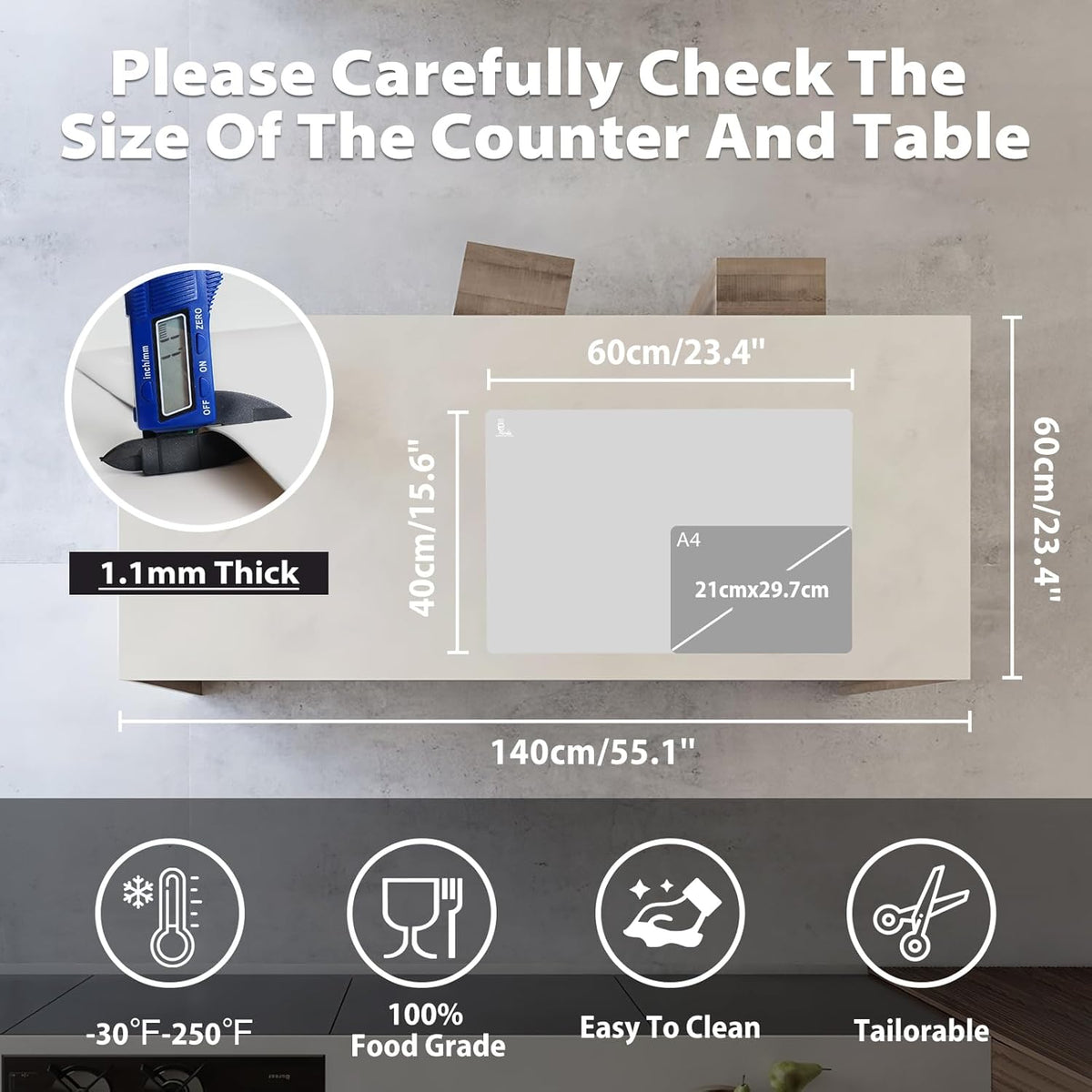 Thick Silicone Counter Mat Large 23.4x15.6" for Kitchen Countertop Crafts | Kitchen Table/Countertop Protector/Non Stick Pastry Baking Placemats Silicone Pad Crafts Kid Heat Resistant White Translucent