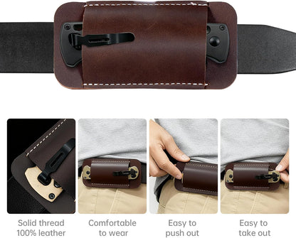 Leather Knife Sheath for Belt, Horizontal Carry Pocket Knife Holder, EDC Belt Pouch for Pocket Folding Knives, Darkbrown