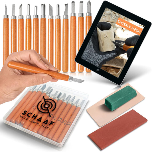 Wood Carving Kit, 12-pc mini chisel set, large handles | Wood carving tools for detail work and block printing, SK2 carbon-steel, sharpening strop and beginner tutorials included