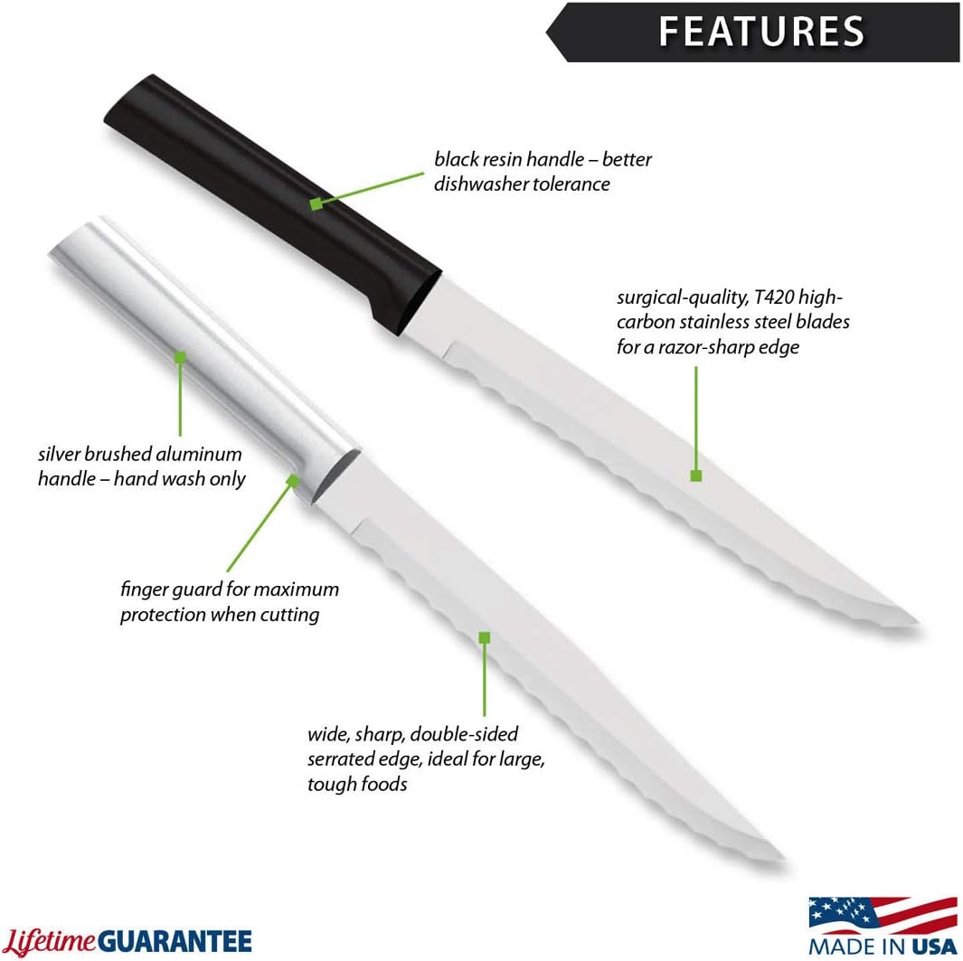 Serrated Slicer Knife (R138), Silver Handle, Pack of 2 | 7" Stainless Steel Serrated Blade, Silver Cast Aluminum Handle