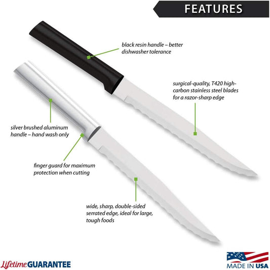 Serrated Slicer Knife (R138), Silver Handle, Pack of 2 | 7" Stainless Steel Serrated Blade, Silver Cast Aluminum Handle