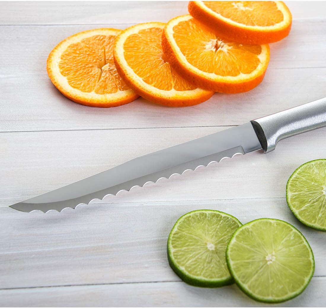 Serrated Slicer Knife (R138), Silver Handle, Pack of 2 | 7" Stainless Steel Serrated Blade, Silver Cast Aluminum Handle
