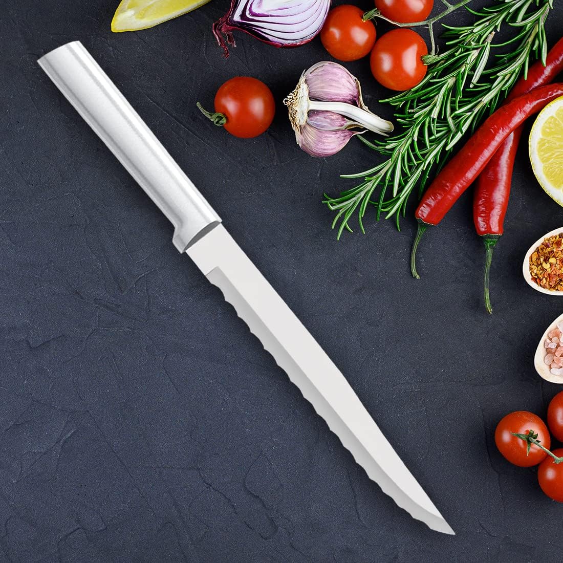 Serrated Slicer Knife (R138), Silver Handle, Pack of 2 | 7" Stainless Steel Serrated Blade, Silver Cast Aluminum Handle