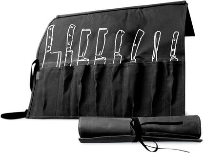 8-Pocket Knife Roll - 22" W x 17" H Waxed Canvas Storage Case for Culinary Blades & Tools - Heavy Duty, Portable Travel Bag - Charcoal