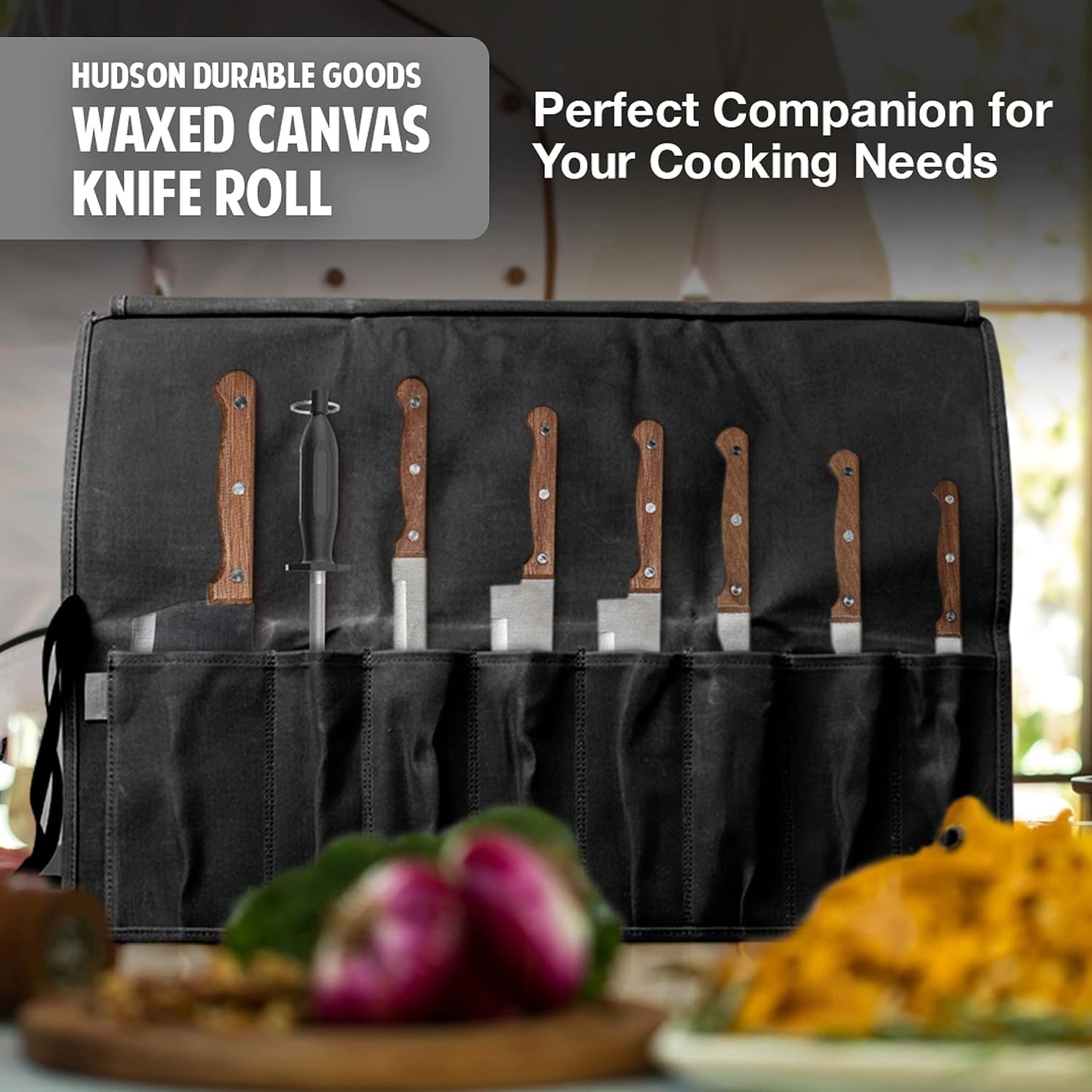 8-Pocket Knife Roll - 22" W x 17" H Waxed Canvas Storage Case for Culinary Blades & Tools - Heavy Duty, Portable Travel Bag - Charcoal