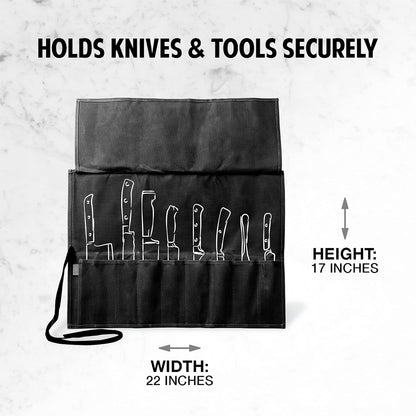 8-Pocket Knife Roll - 22" W x 17" H Waxed Canvas Storage Case for Culinary Blades & Tools - Heavy Duty, Portable Travel Bag - Charcoal