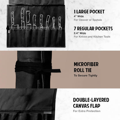 8-Pocket Knife Roll - 22" W x 17" H Waxed Canvas Storage Case for Culinary Blades & Tools - Heavy Duty, Portable Travel Bag - Charcoal