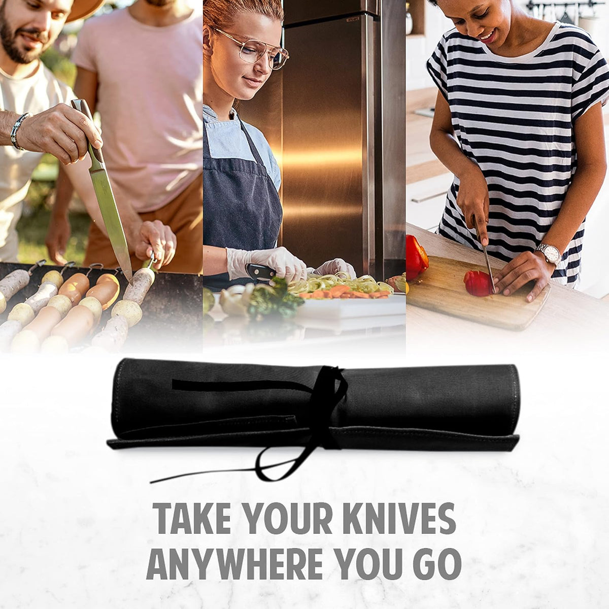 8-Pocket Knife Roll - 22" W x 17" H Waxed Canvas Storage Case for Culinary Blades & Tools - Heavy Duty, Portable Travel Bag - Charcoal